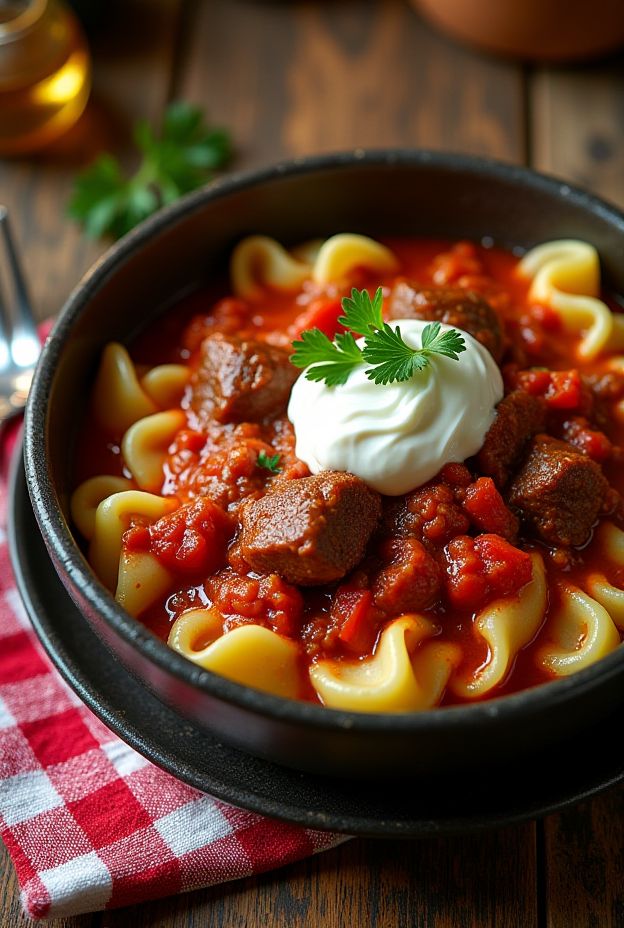 Hearty Hungarian Beef Goulash with homemade spaetzle topped with sour cream and fresh parsley.