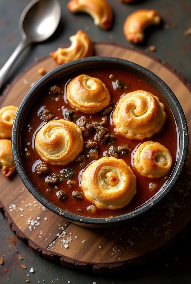 A bowl of deconstructed beef and mushroom hand pie soup with golden puff pastry cutouts floating on top.