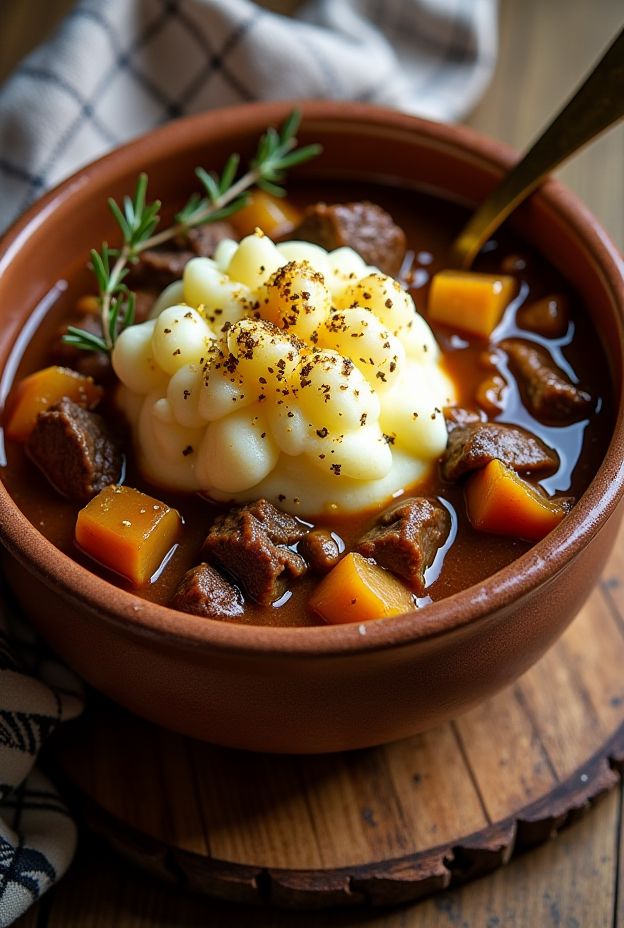 Hearty Beef & Parsnip Shepherd's Stew topped with creamy mashed potatoes, served in a rustic bowl.