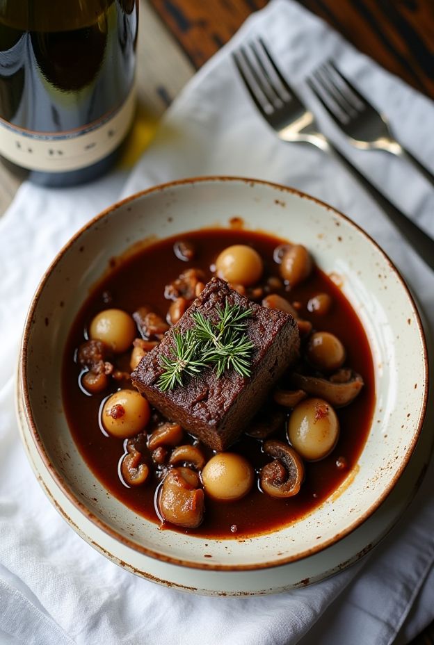 A warm bowl of Beef Short Rib Bourguignon with pearl onions and mushrooms in rich red wine sauce.
