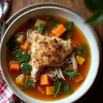 Rich Boxing Day turkey carcass soup with vegetables, perfect for a zero-waste holiday meal.