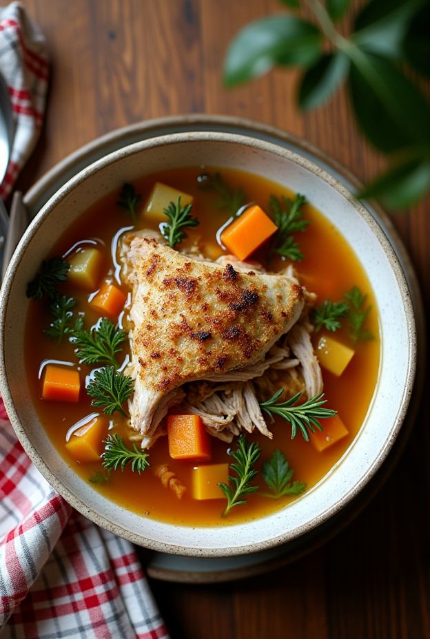 Rich Boxing Day turkey carcass soup with vegetables, perfect for a zero-waste holiday meal.