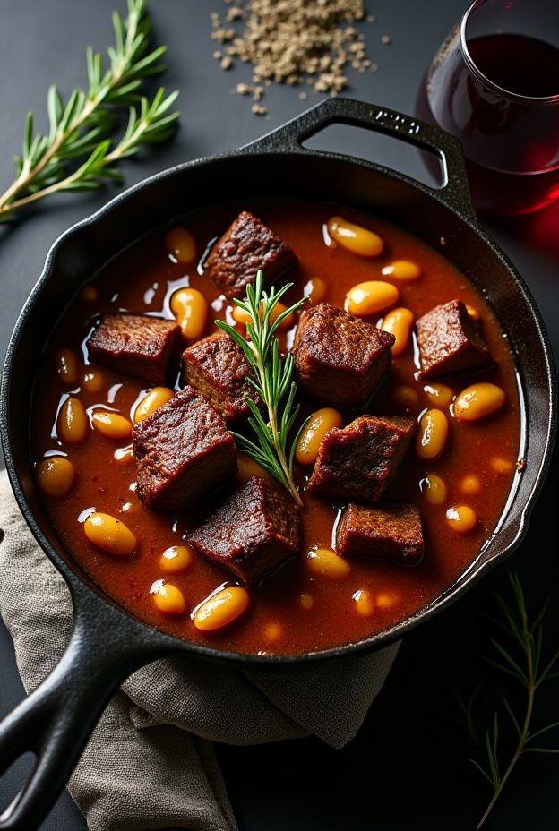 A rich Braised Oxtail & Butter Bean Stew with hearty ingredients in a cast iron pot, perfect for comforting meals.