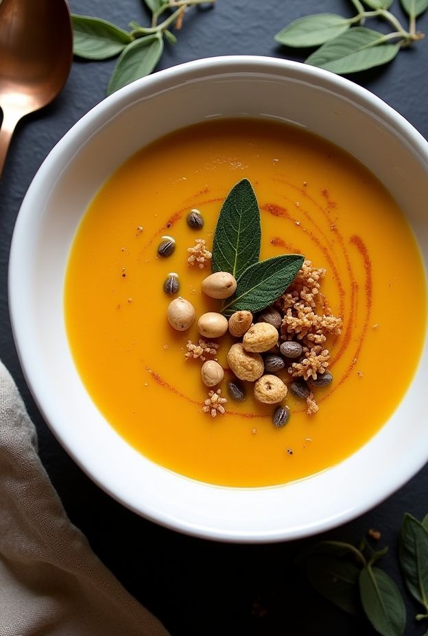 Creamy Brown Butter Squash Bisque garnished with crispy shallots and herbs, perfect for fall gatherings.