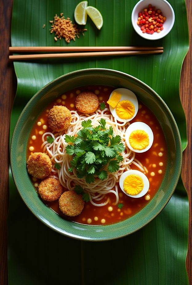 Burmese Mohinga featuring rice noodles, fish broth, lemongrass, crispy fritters, and garnished with boiled eggs and cilantro.