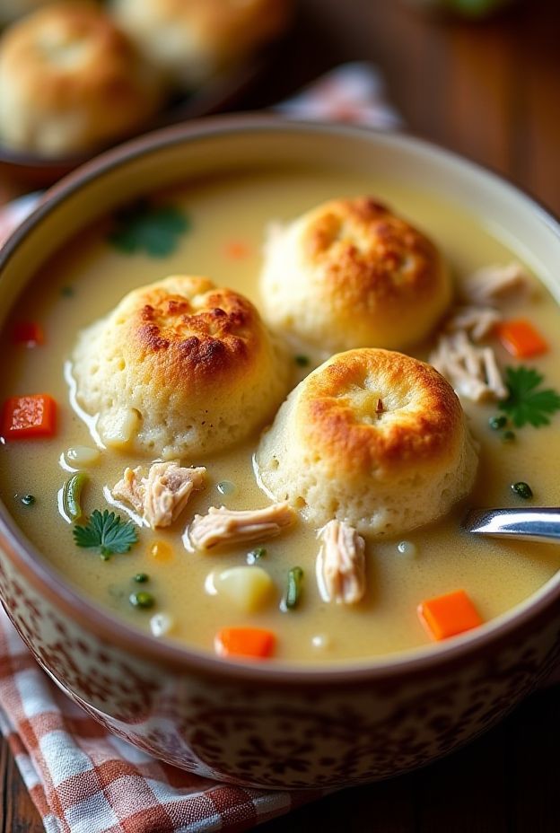 Delicious Chicken & Dumpling Casserole Soup with fluffy dumplings, tender chicken, and colorful vegetables.