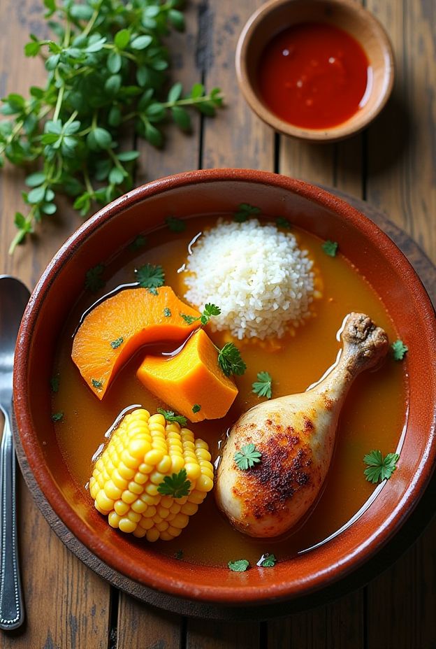 Hearty Chilean Cazuela with chicken, pumpkin, corn, and rice in a flavorful broth.