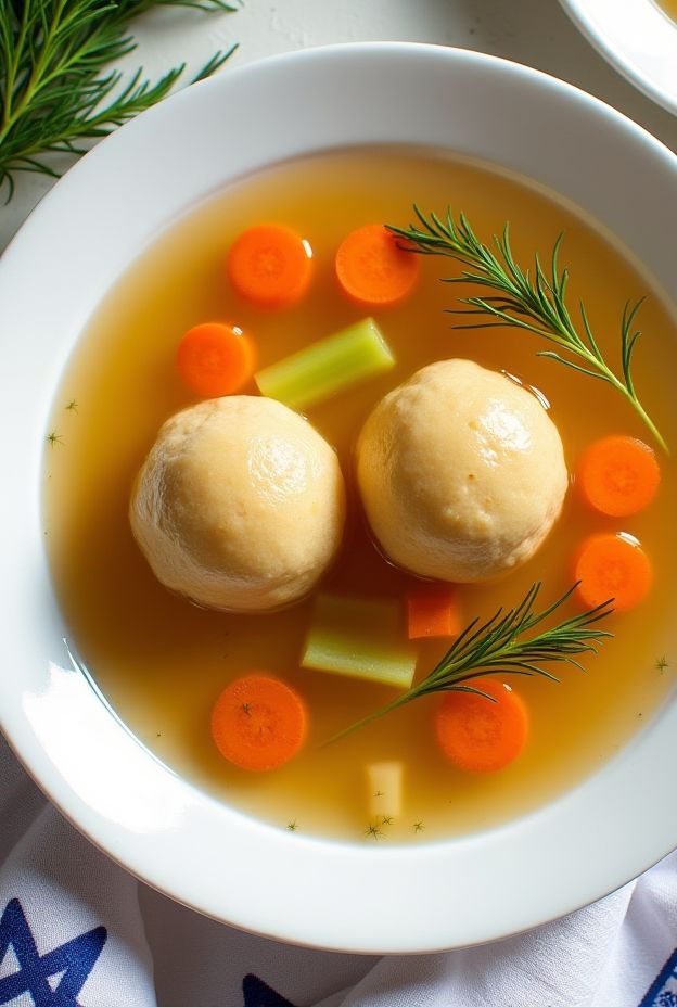 Classic Matzo Ball Soup featuring fluffy matzo balls in golden chicken broth with fresh vegetables and dill.