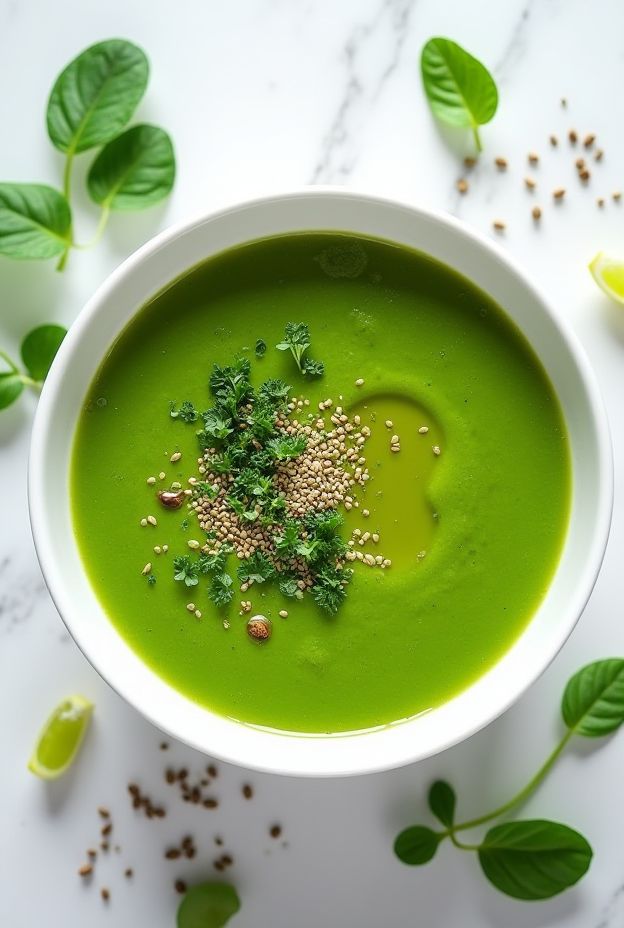 Clean Green Detox Soup with spinach, watercress, celery, and green beans, garnished with herbs and sesame seeds.