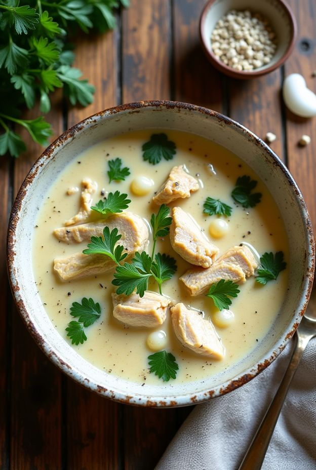 Creamy Chicken & Tarragon Soup featuring chicken, pearl onions, carrots, and fresh tarragon in a rich creamy broth.