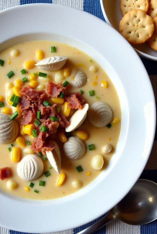 Creamy Clam & Corn Chowder served with bacon and garnished with chives, ideal for a New England dinner.