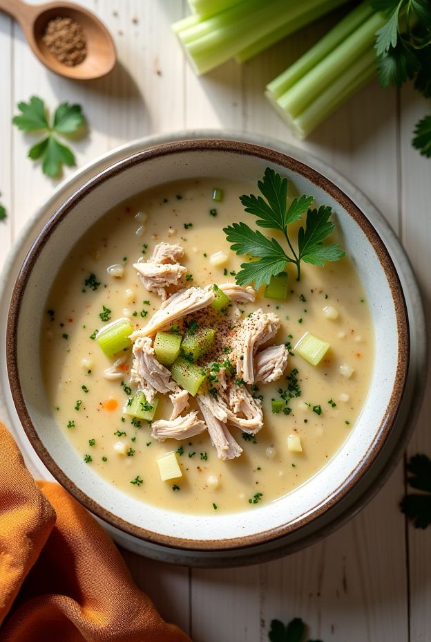 Creamy Turkey & Celery Soup featuring pieces of turkey and chopped celery in a rich herb broth.