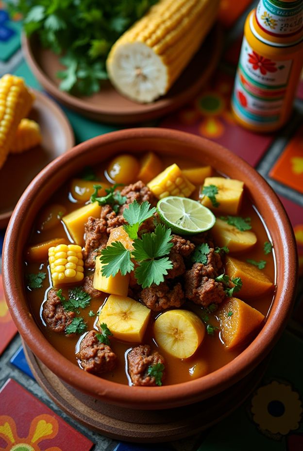 Cuban Ajiaco Criollo stew with root vegetables, corn, and plantains served in a traditional bowl.