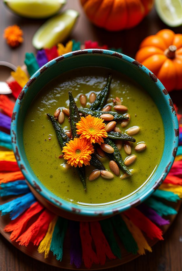 Vibrant Dia de los Muertos Pumpkin Seed & Poblano Soup garnished with pepitas and edible flowers, rich in flavor and nutrition.