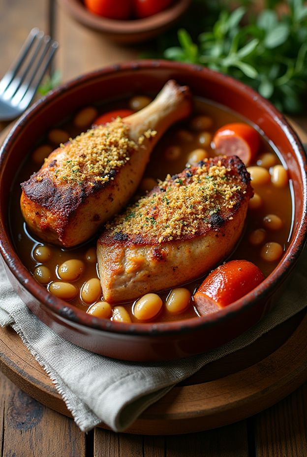 Duck Confit & White Bean Cassoulet served in a rustic bowl with fresh ingredients.