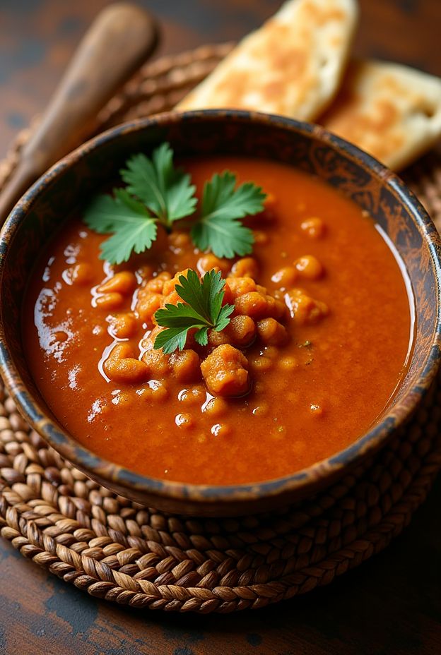 A vibrant bowl of spicy Ethiopian Misir Wat soup garnished with fresh cilantro and served with traditional injera bread.