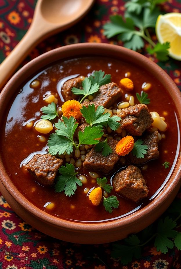 A bowl of Georgian Kharcho beef stew garnished with fresh herbs and walnuts.