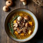 Harvest Moon Wild Mushroom & Farro Soup with wild mushrooms, farro, thyme, and a splash of sherry in a rustic bowl.