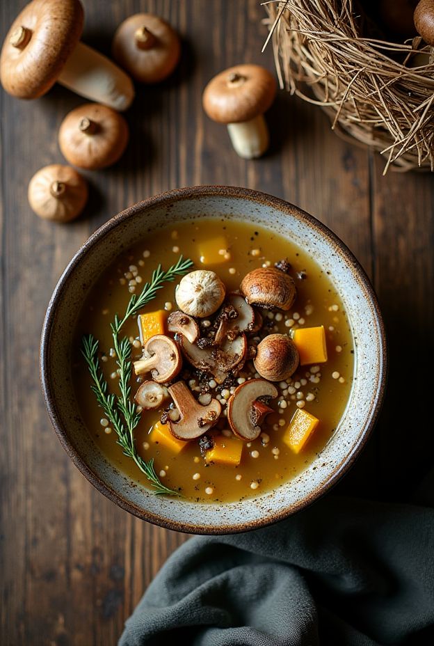 Harvest Moon Wild Mushroom & Farro Soup with wild mushrooms, farro, thyme, and a splash of sherry in a rustic bowl.