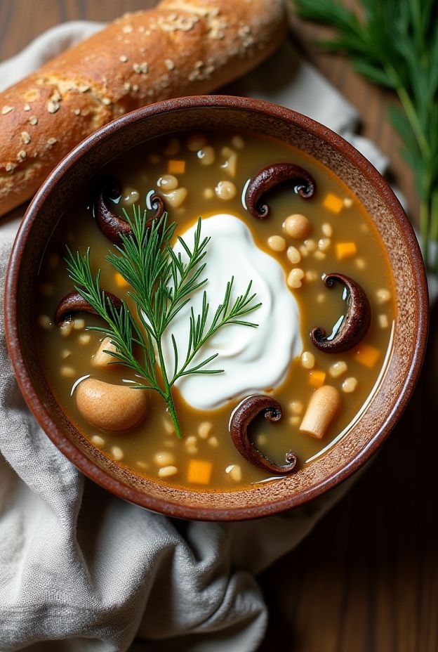 High-Fiber Buckwheat & Mushroom Soup with fresh dill and toasted buckwheat in vegetable broth.