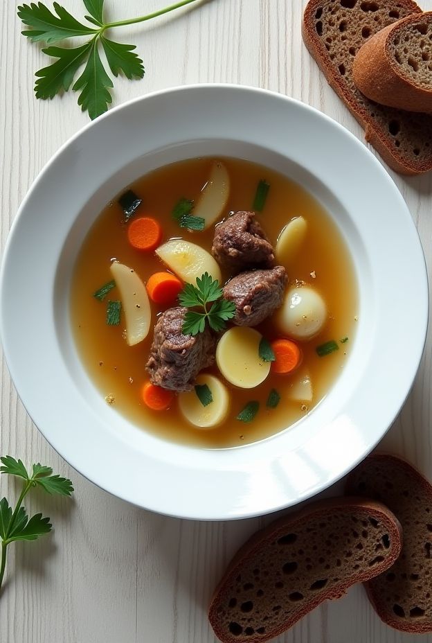 Traditional Icelandic Kjötsúpa featuring lamb, root vegetables, and oats in a clear, inviting broth.