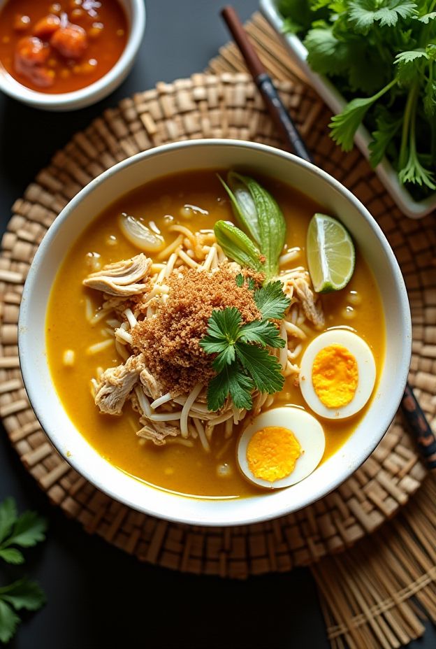 A bowl of Soto Ayam filled with chicken, rice vermicelli, boiled eggs, and garnished with coriander and fried shallots.