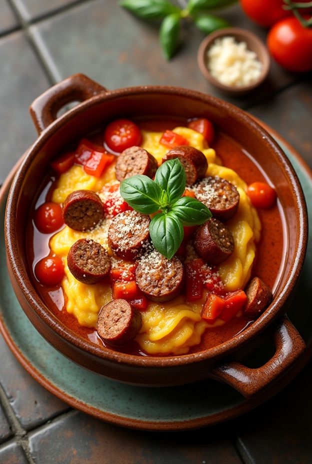 A warm bowl of Hearty Italian Sausage and Polenta Stew topped with fresh basil and cheese.