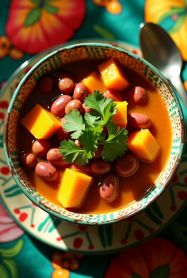 A colorful bowl of Jamaican Pumpkin and Kidney Bean Stew with spices and vegetables, garnished with fresh cilantro.