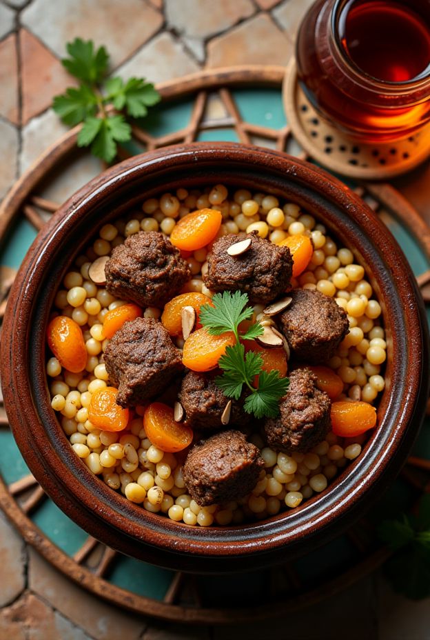 A Moroccan-inspired Lamb Neck Stew with pearl couscous, dried apricots, and aromatic spices, garnished with herbs.
