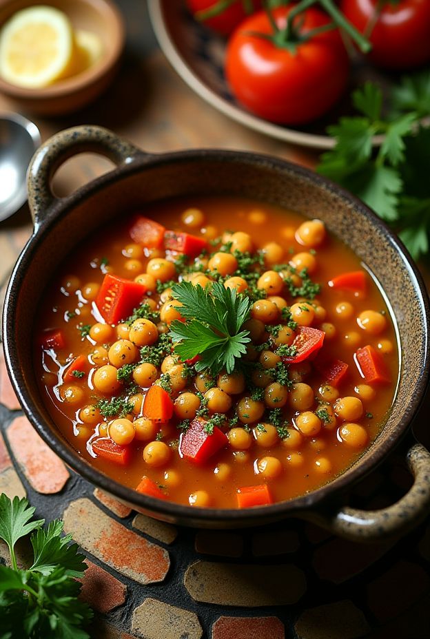 A bowl of Lebanese Freekeh & Vegetable Soup with chickpeas, garnished with fresh herbs and vibrant colors.