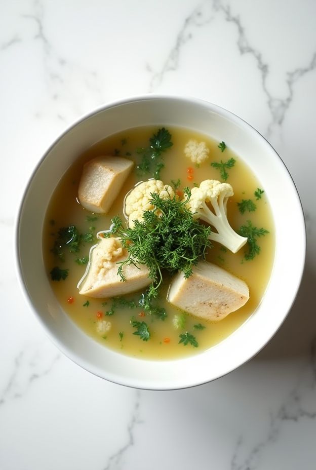 A bowl of heart-healthy Low-Sodium Herb & White Fish Chowder with herbs and cauliflower.