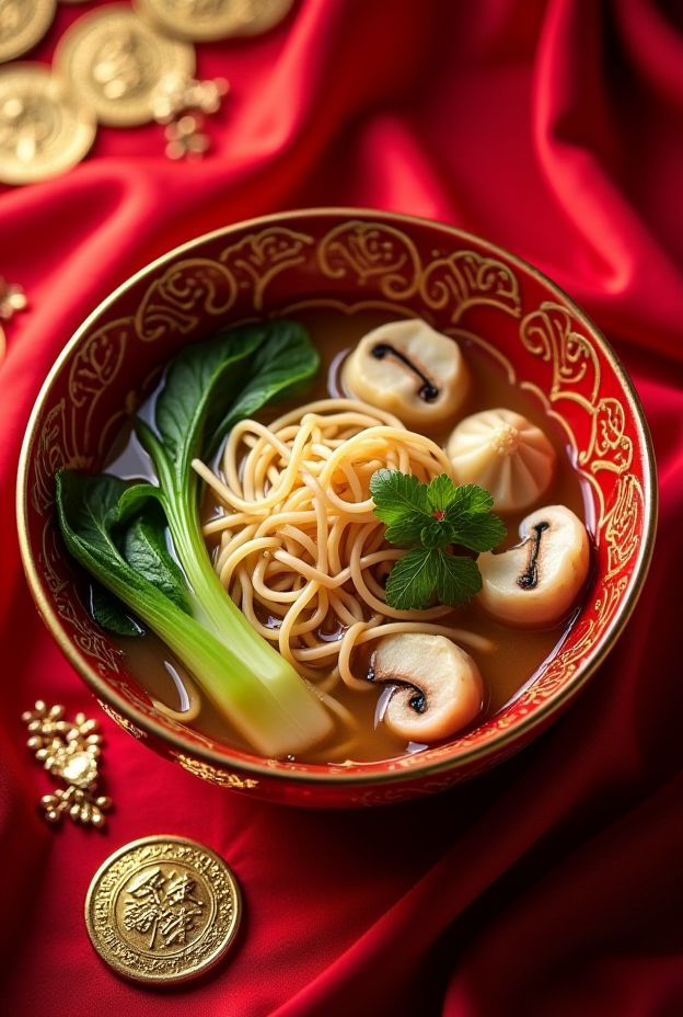 Delicious Lunar New Year Lucky Long Noodle Soup with long wheat noodles, bok choy, mushrooms, and dumplings.