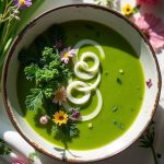 Nettle and Spring Onion Soup garnished with edible flowers and spring onions, showcasing seasonal flavors.