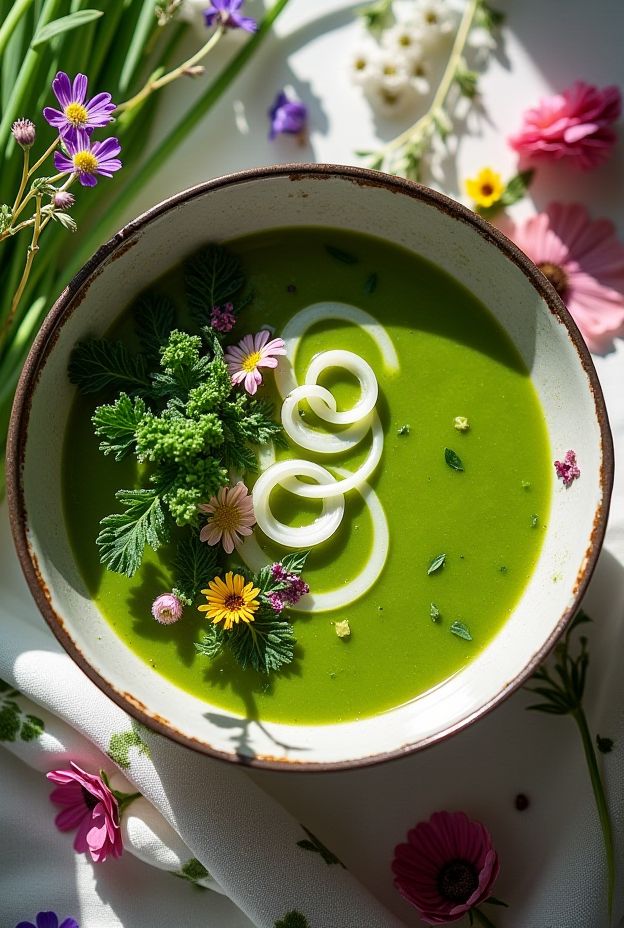 Nettle and Spring Onion Soup garnished with edible flowers and spring onions, showcasing seasonal flavors.