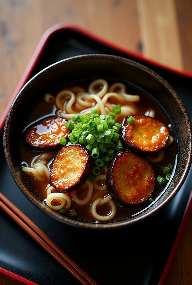 Delicious miso-glazed eggplant and udon soup topped with fresh scallions, a perfect Japanese-inspired dish.