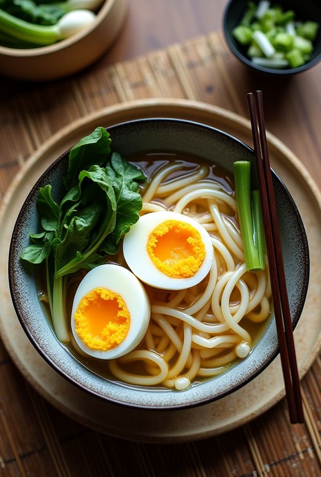 Low-calorie Miso Shirataki Noodle Soup featuring bok choy and soft-boiled eggs in a savory broth.
