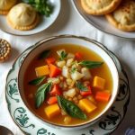 A warm bowl of Passover Spring Vegetable & Matzo Soup featuring vibrant veggies and fluffy matzo dumplings.