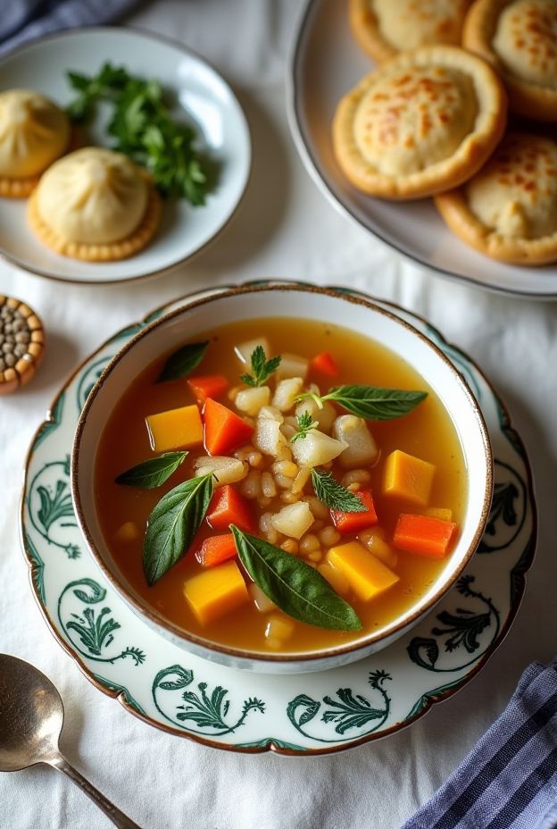 A warm bowl of Passover Spring Vegetable & Matzo Soup featuring vibrant veggies and fluffy matzo dumplings.
