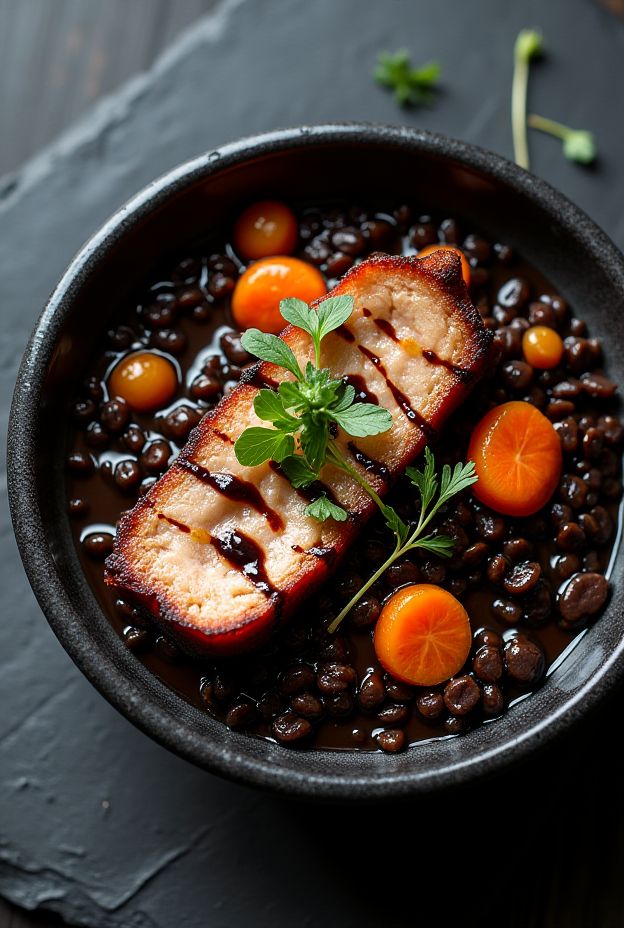 A hearty bowl of crispy pork belly and black lentil stew garnished with fresh herbs and carrots, perfect for cozy meals.