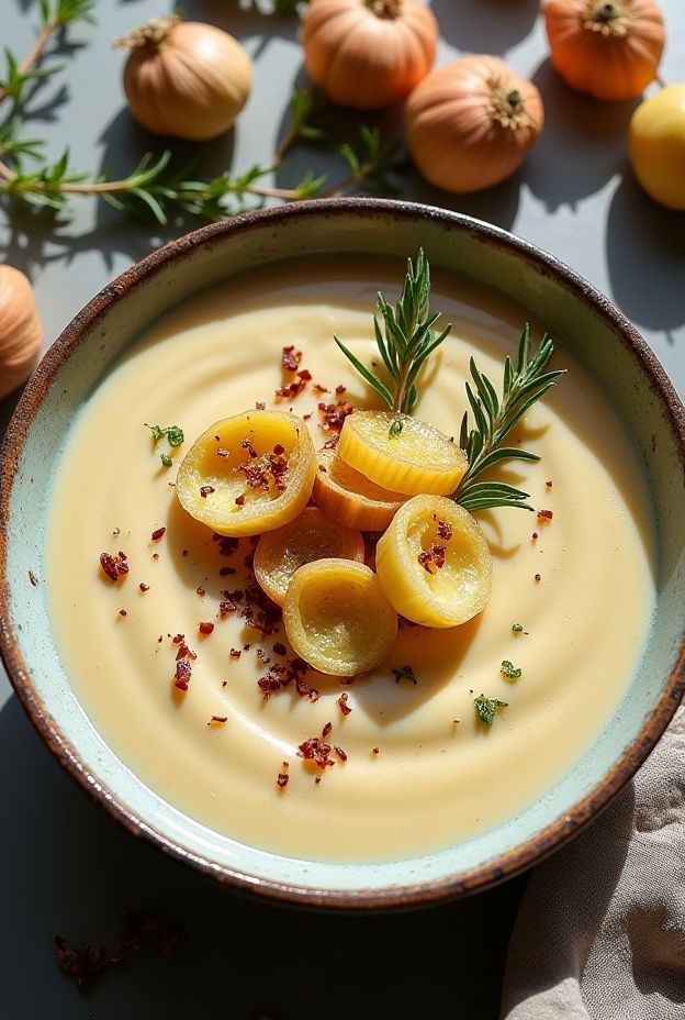 Delicious Prebiotic Leek & Jerusalem Artichoke Soup for gut health, garnished with thyme and served warm.