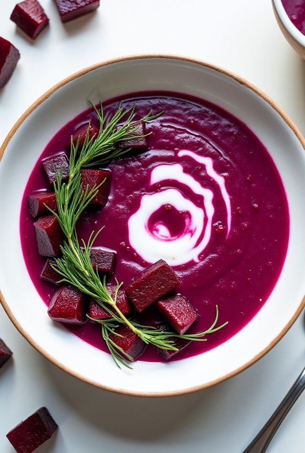 A vibrant vegan Roasted Beet & Horseradish Soup, garnished with dill and coconut yogurt.