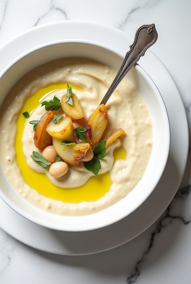 Vegan roasted fennel and white bean soup garnished with herbs and olive oil.