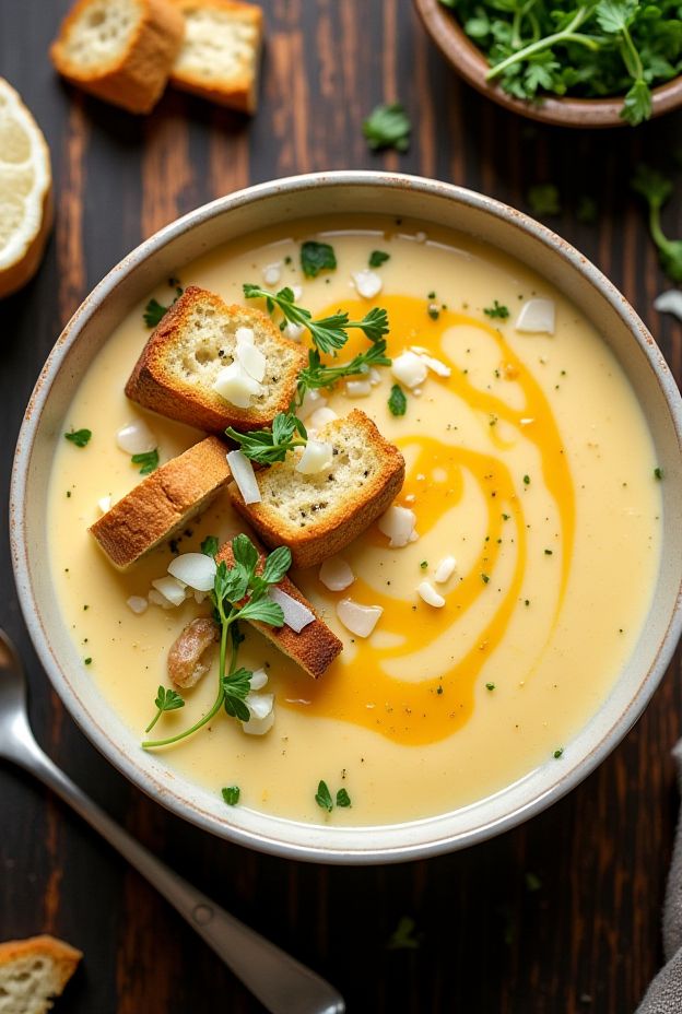 Creamy Roasted Garlic & White Cheddar Soup with crispy herb croutons garnished with herbs.