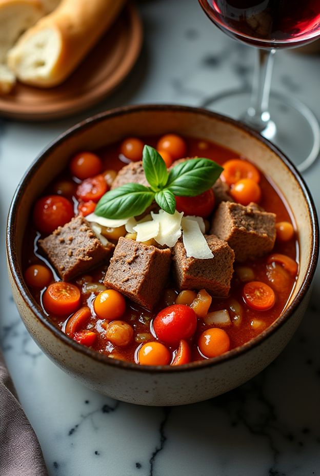 Slow-Cooked Veal & Vegetable Ragout with fresh vegetables and herbs for a hearty meal.