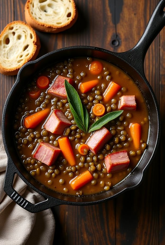 Hearty Smoky Ham Hock and Lentil Stew with carrots and bay leaves for a comforting meal.