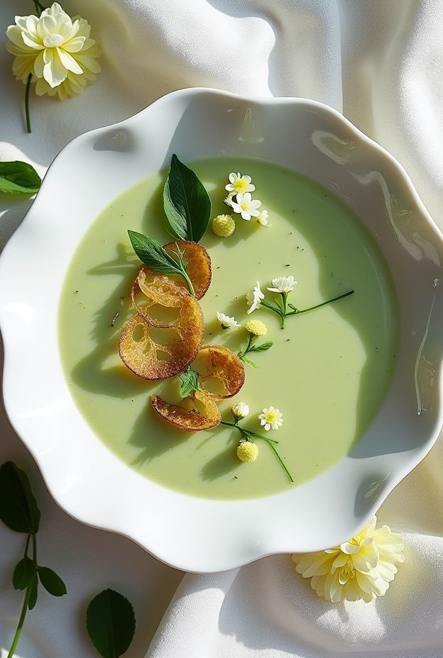 Chilled Spring Ramp & Potato Vichyssoise served in a white bowl with garnishes of chive blossoms and fried potato slices.