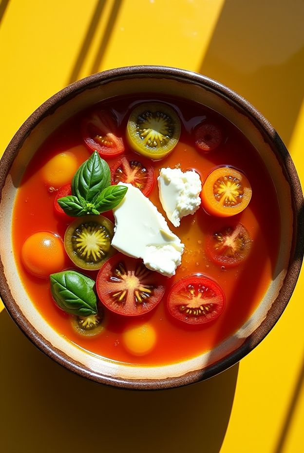 Vibrant summer heirloom tomato soup topped with creamy burrata and fresh basil in a rustic bowl.