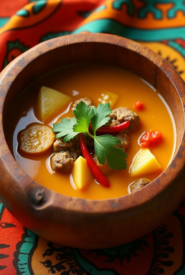 Supu ya Ndizi, a traditional Tanzanian soup featuring plantains, beef, coconut milk, and warming spices served in a wooden bowl.