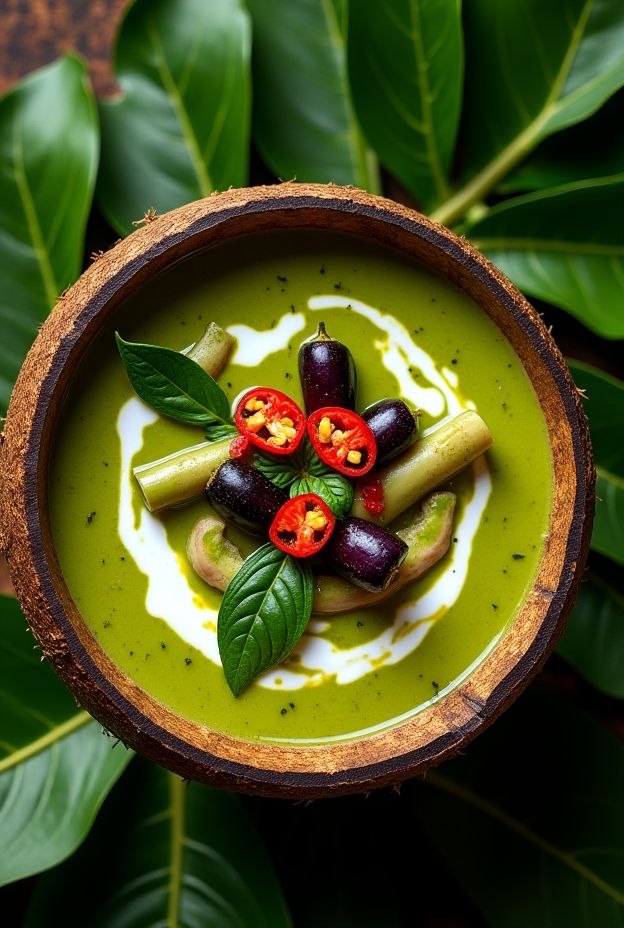 Vibrant Thai Green Curry Vegetable Soup with eggplant, bamboo shoots, and Thai basil in coconut milk.