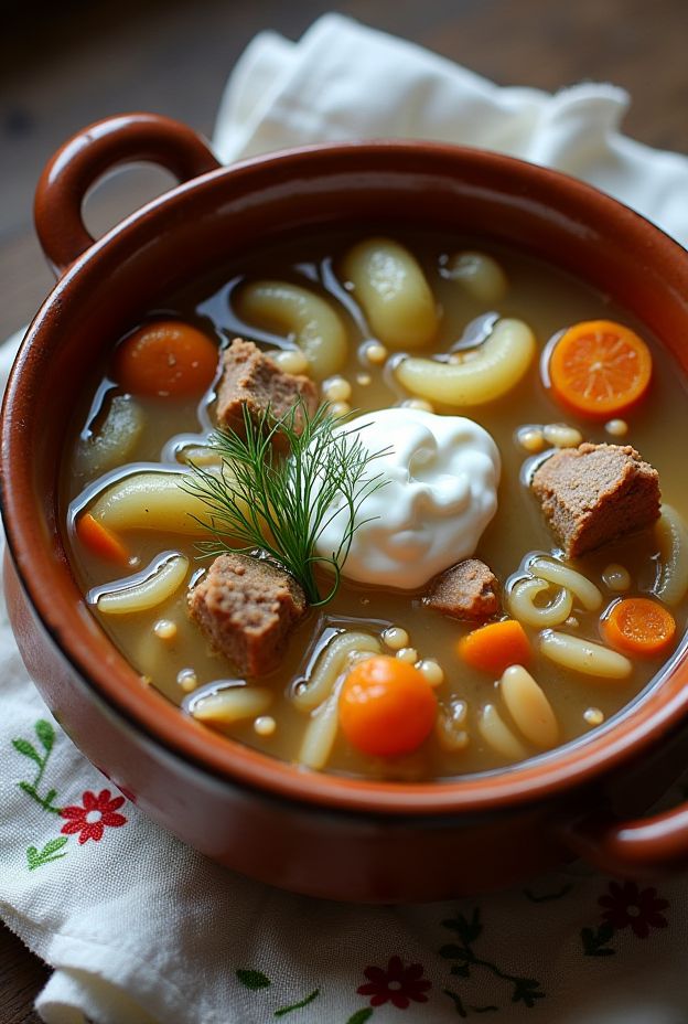 A cozy bowl of Ukrainian Kapusniak soup featuring pork, sauerkraut, millet, and root vegetables in a rich broth.